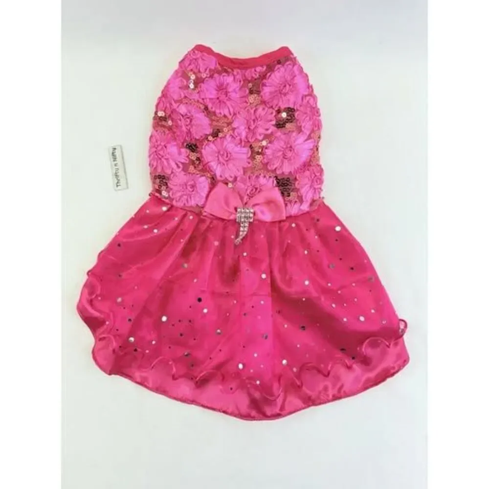 Dog Fuchsia Dress Luxurious Satin Flowers-Sequins & Bow Size 2